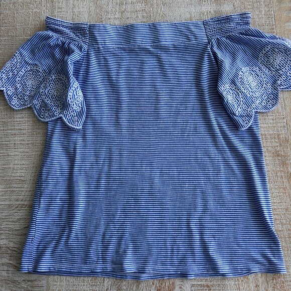 LOFT Blue/White Striped Cotton Embroidered Off-Shoulder Women's Top Size Small - Picture 1 of 6